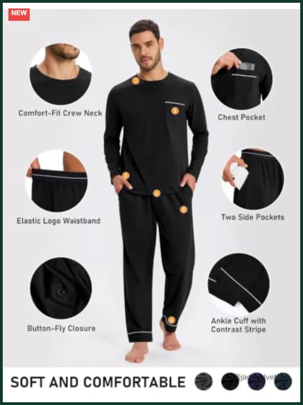 Men's Cotton Pajama Set Long Sleeve Sleepwear with Elastic Waist & Pockets